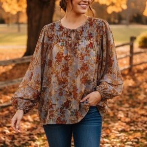 Maurices Autumn Leaf Print Blouse - Brown, Orange, Yellow and Gold Shimmer